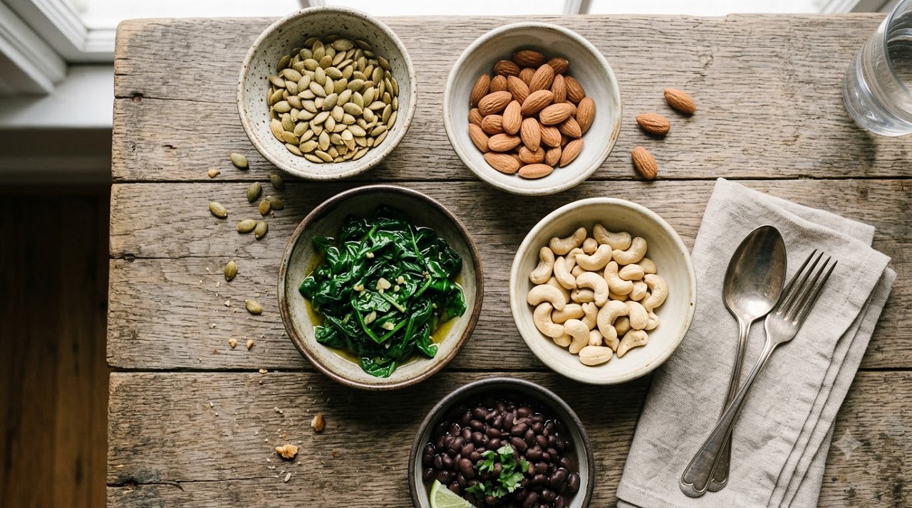 Small bowls of magnesium-rich foods including pumpkin seeds, spinach, and black beans