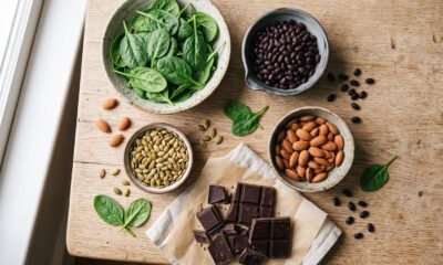 Flat-lay of magnesium-rich foods including pumpkin seeds, almonds, spinach, and black beans