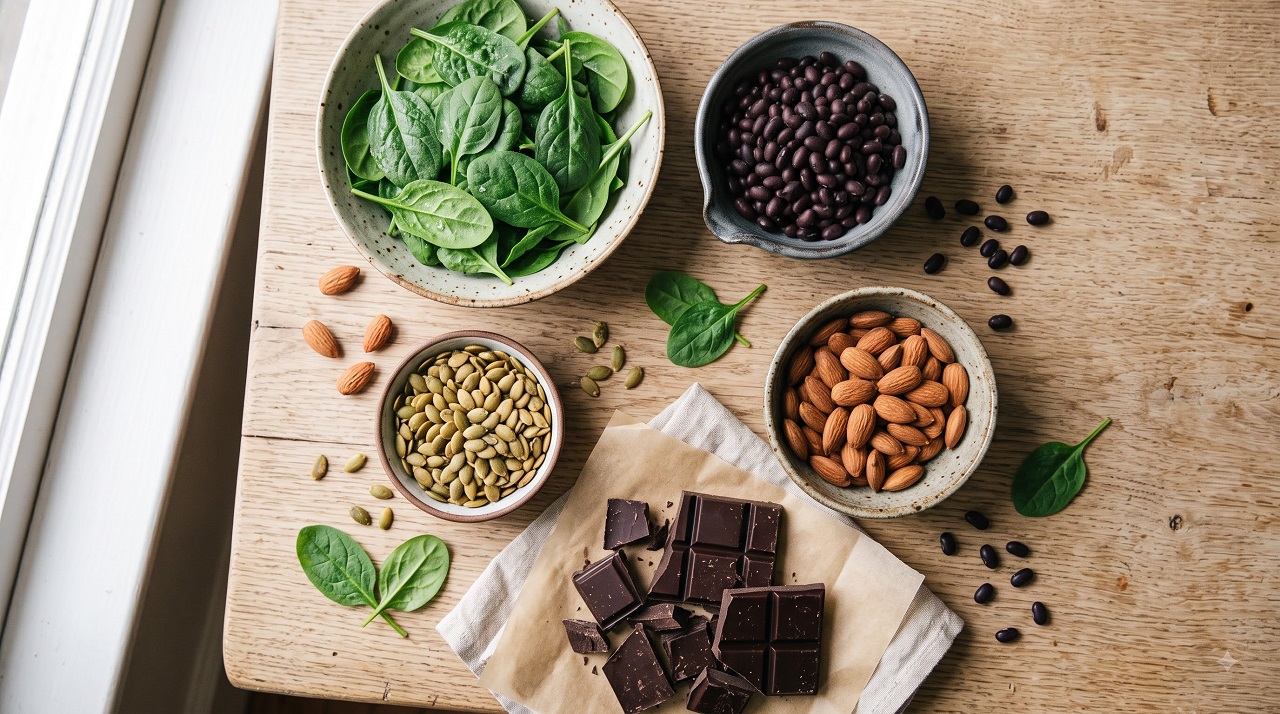 Flat-lay of magnesium-rich foods including pumpkin seeds, almonds, spinach, and black beans