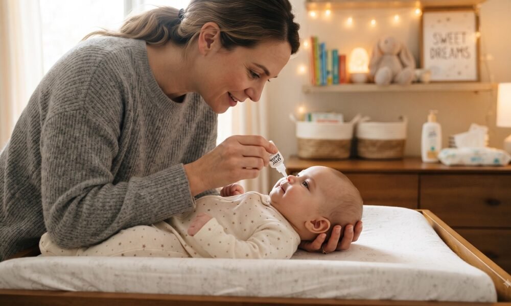 Parent applying saline nasal drops to a calm infant to relieve stuffy nose