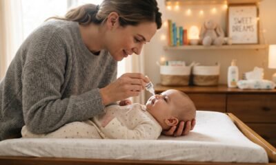 Parent applying saline nasal drops to a calm infant to relieve stuffy nose