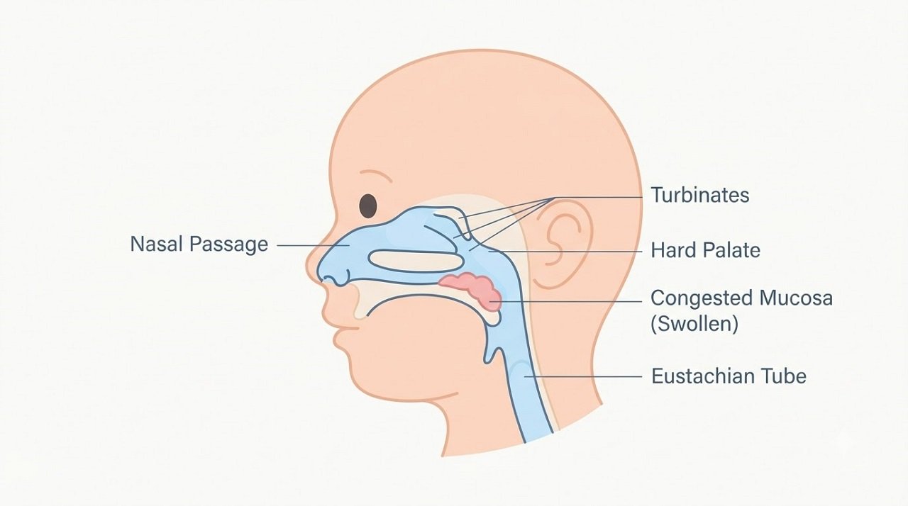 Diagram showing swollen nasal tissue causing congestion in an infant