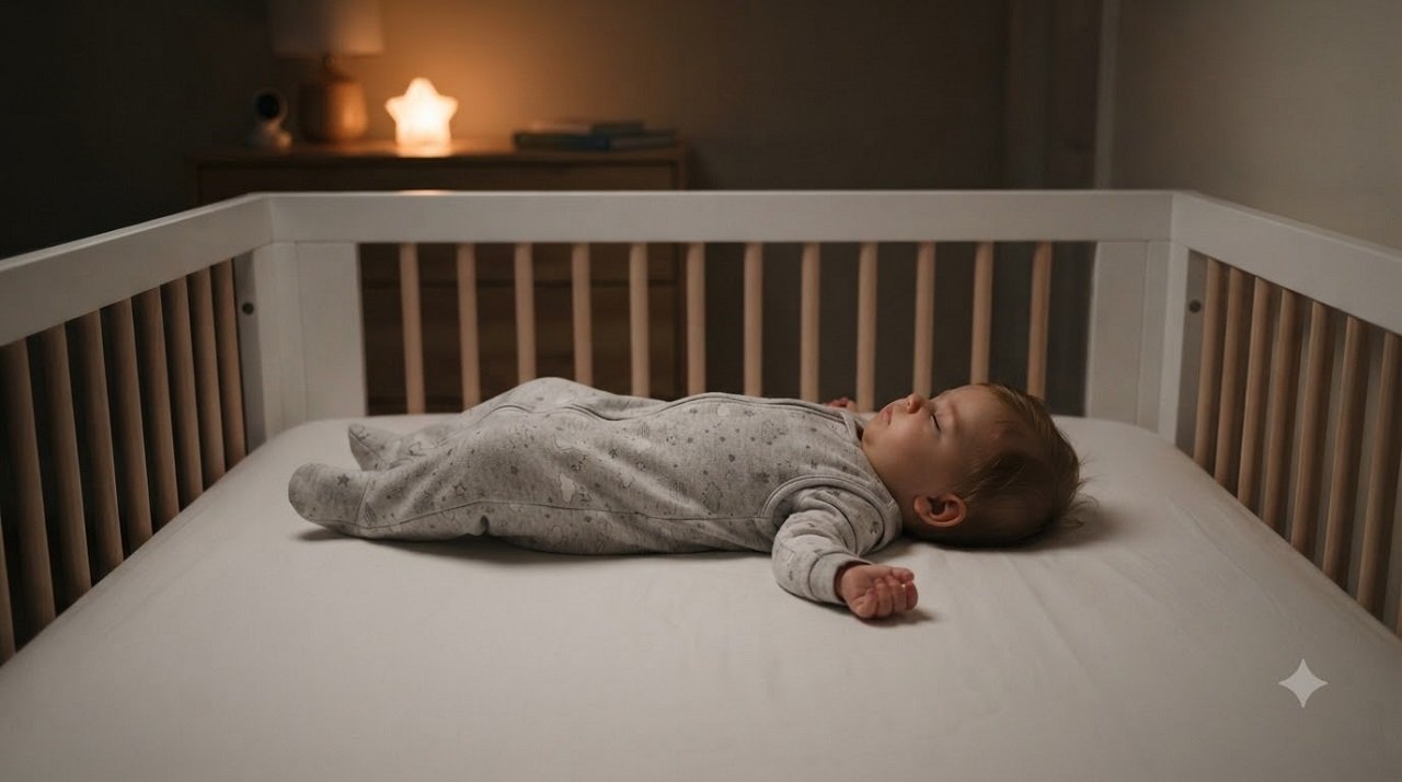 Infant sleeping safely on their back on a firm, flat crib mattress