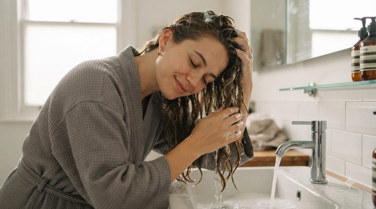 Person gently washing hair with lukewarm water to reduce scalp pain