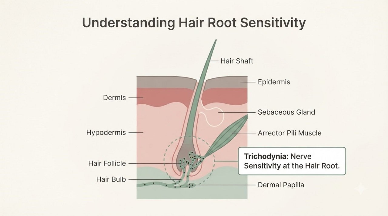 Diagram explaining trichodynia, the medical term for hair root pain