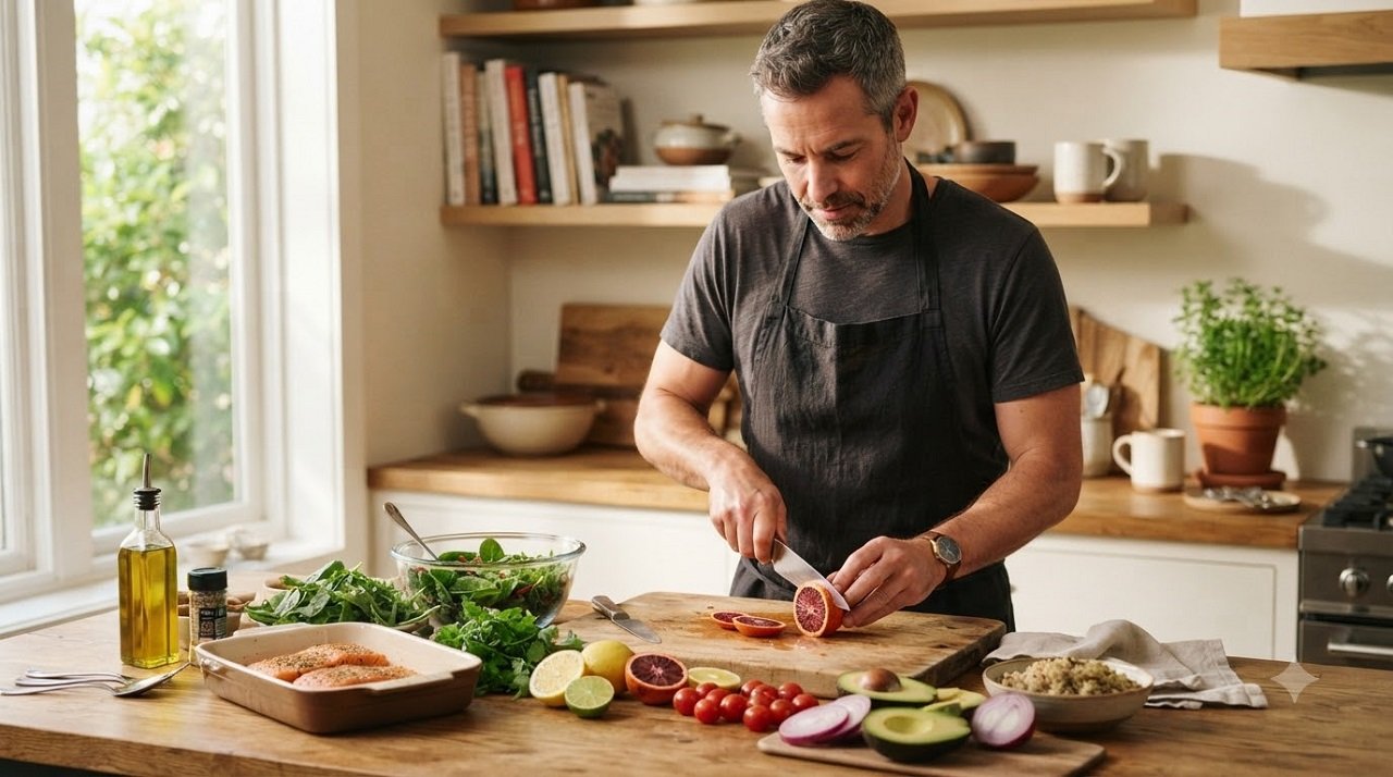 Man preparing an anti-inflammatory meal with salmon and citrus to support allergy management