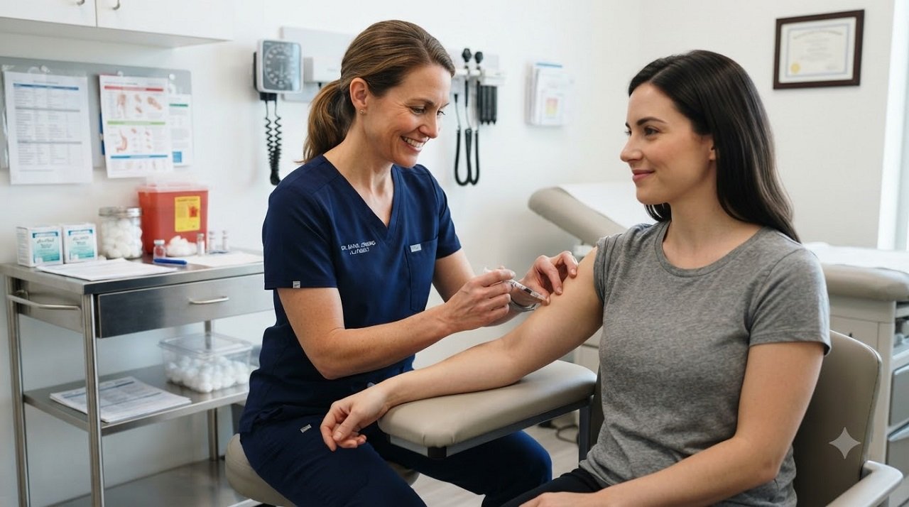Allergist administering a medically supervised allergy shot to a patient during a clinic visit