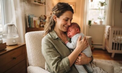 Mother comforting her congested baby upright against her shoulder near a humidifier in a nursery