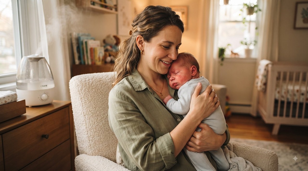 Mother comforting her congested baby upright against her shoulder near a humidifier in a nursery