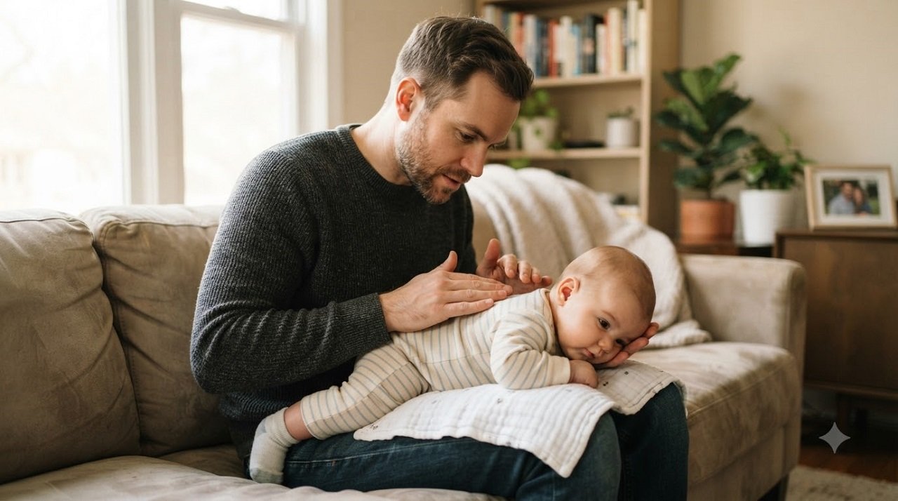 Father gently performing chest percussion to help loosen his baby's chest congestion