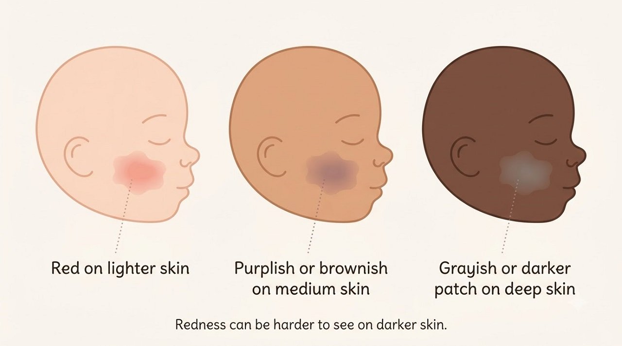 Illustration showing how baby eczema looks on lighter, medium, and darker skin tones