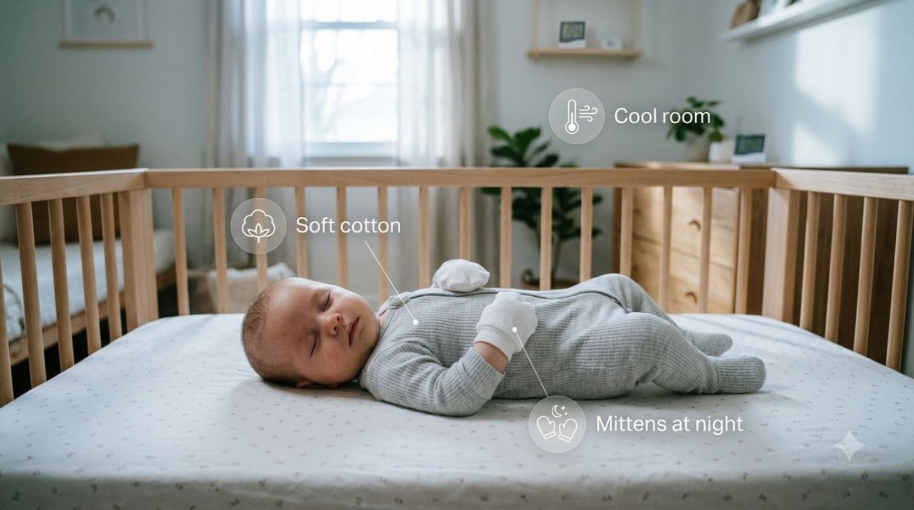 Baby sleeping in soft cotton and mittens in a cool room to limit eczema scratching