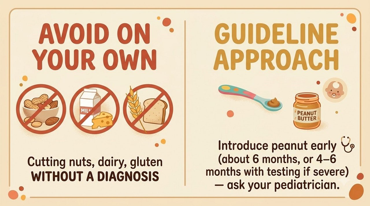 Infographic on early allergen introduction versus food avoidance for babies with eczema