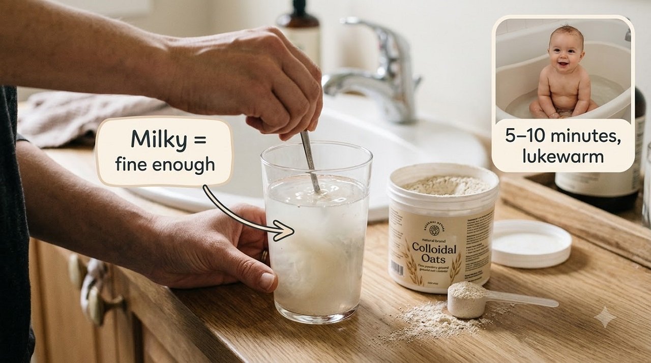 Fine oat powder turning bath water milky for a baby eczema oatmeal bath