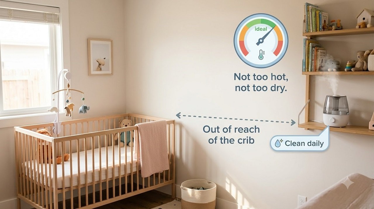 Cool-mist humidifier placed safely in a nursery to help with dry air and baby eczema