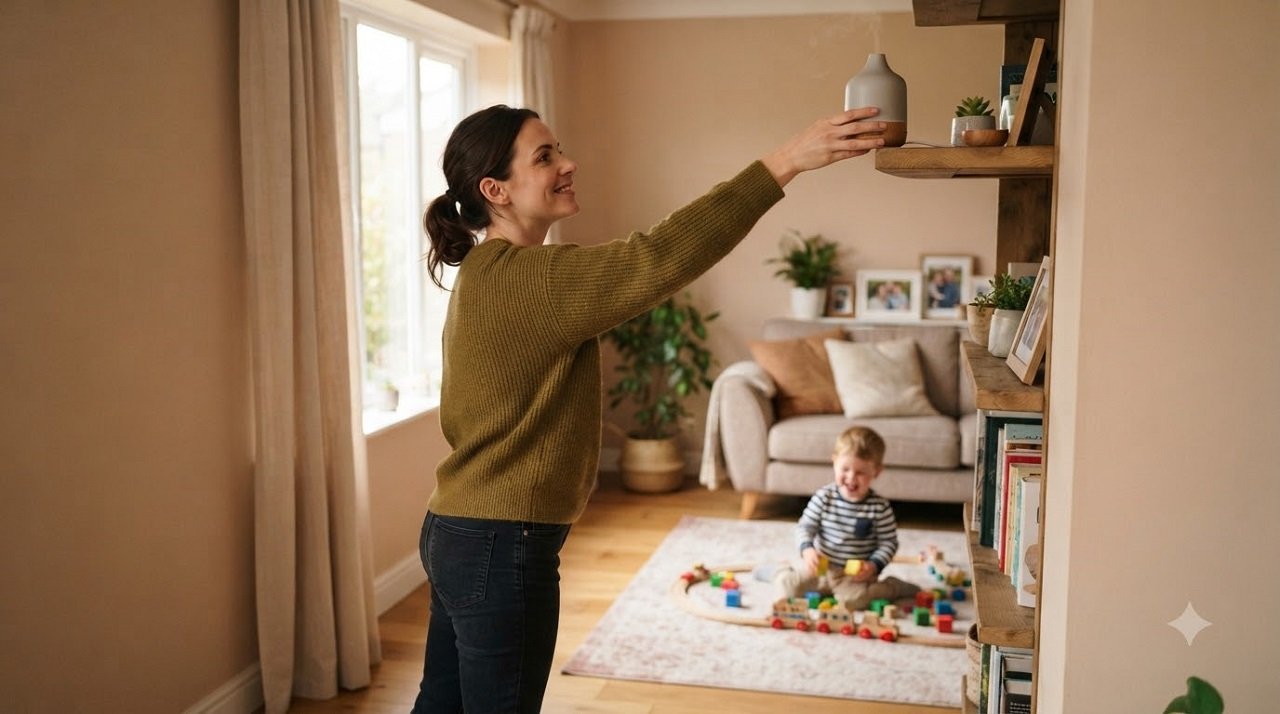 Parent placing an essential oil diffuser safely out of reach of a young child