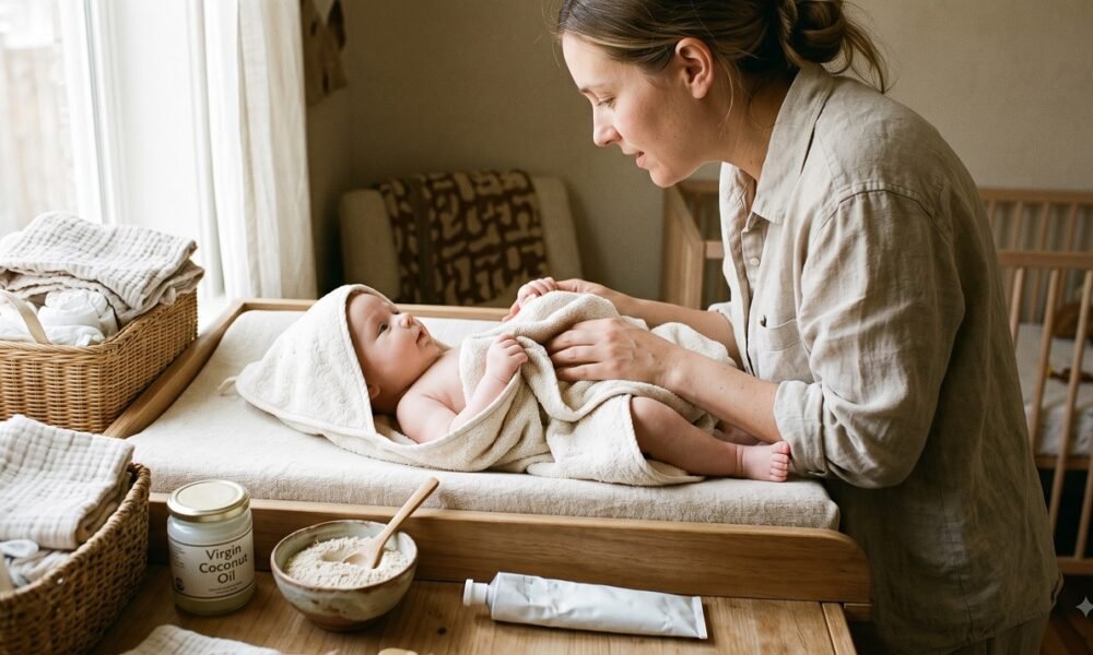 Parent drying a calm baby after a bath with coconut oil, oat powder, and ointment nearby