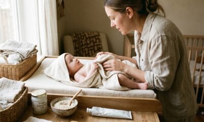 Parent drying a calm baby after a bath with coconut oil, oat powder, and ointment nearby