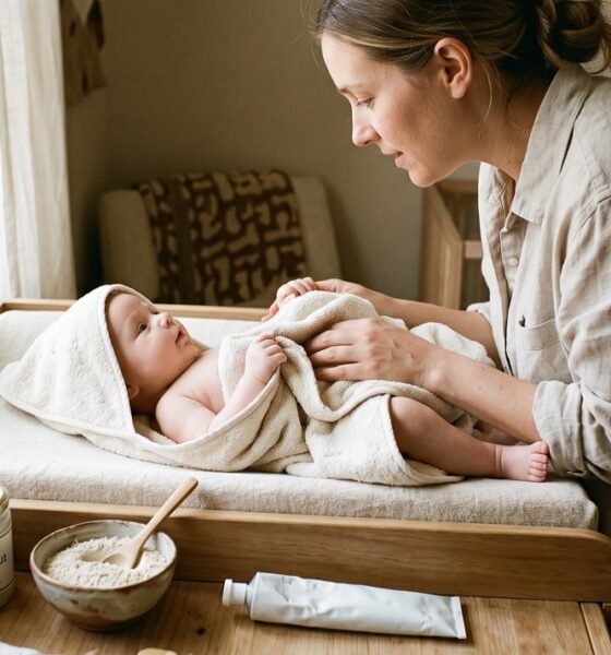 Parent drying a calm baby after a bath with coconut oil, oat powder, and ointment nearby