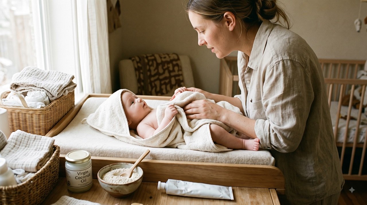 Parent drying a calm baby after a bath with coconut oil, oat powder, and ointment nearby