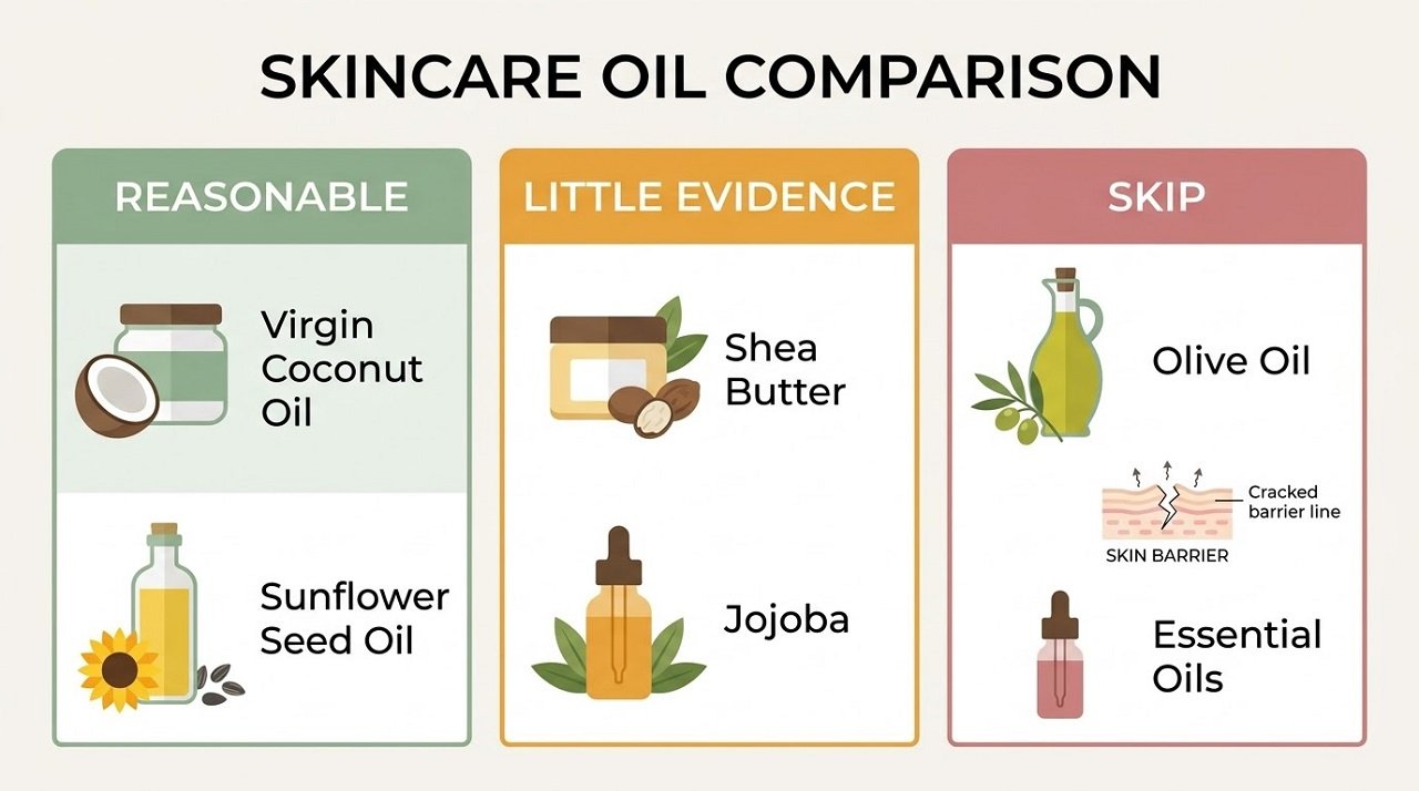 Chart comparing kitchen oils and emollients for baby eczema, including why to skip olive oil