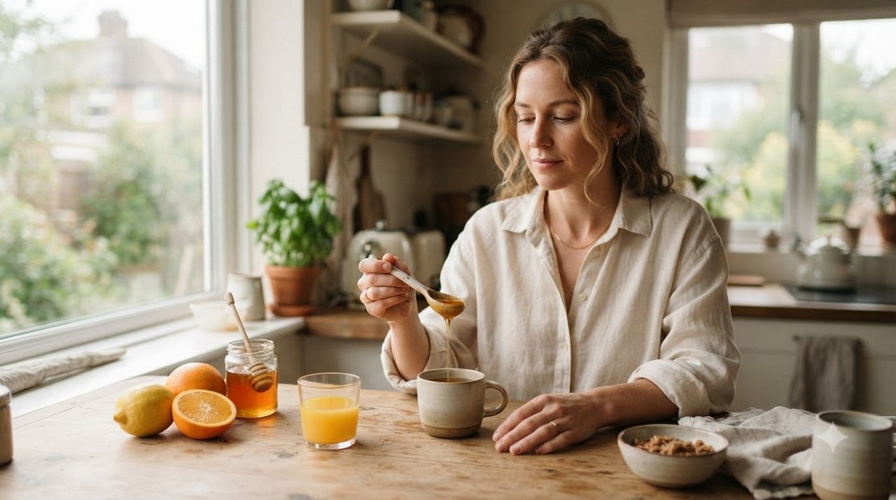 Honey and citrus fruits representing natural antihistamine options for seasonal allergies