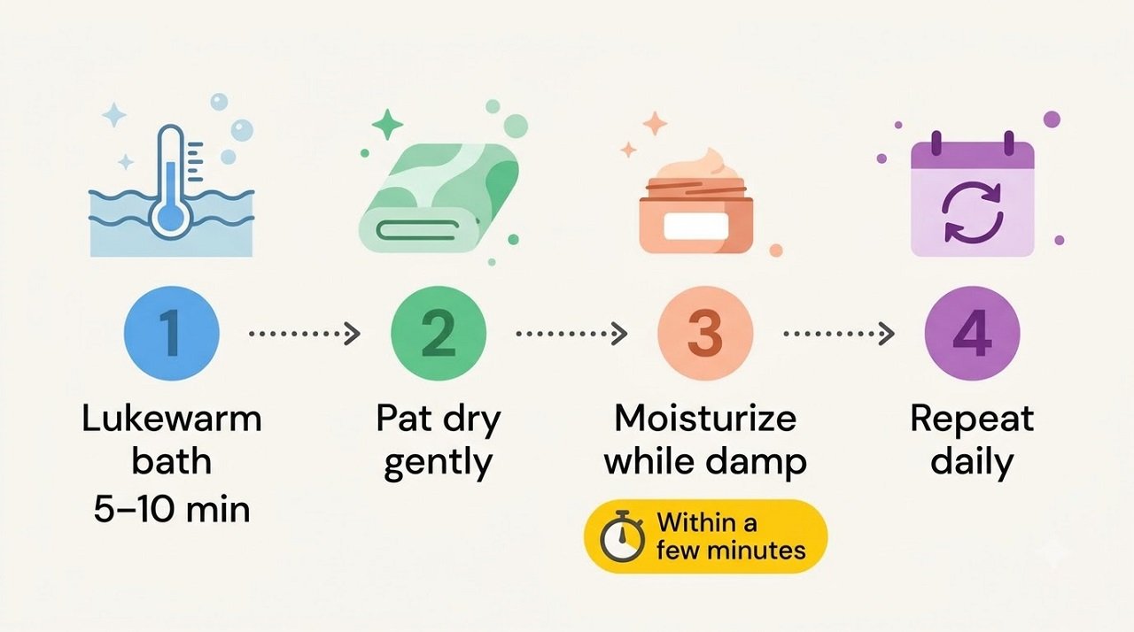 Four-step soak and seal bath and moisturizing routine for baby eczema