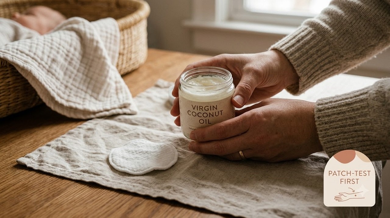 Jar of virgin coconut oil with a patch-test reminder for baby eczema