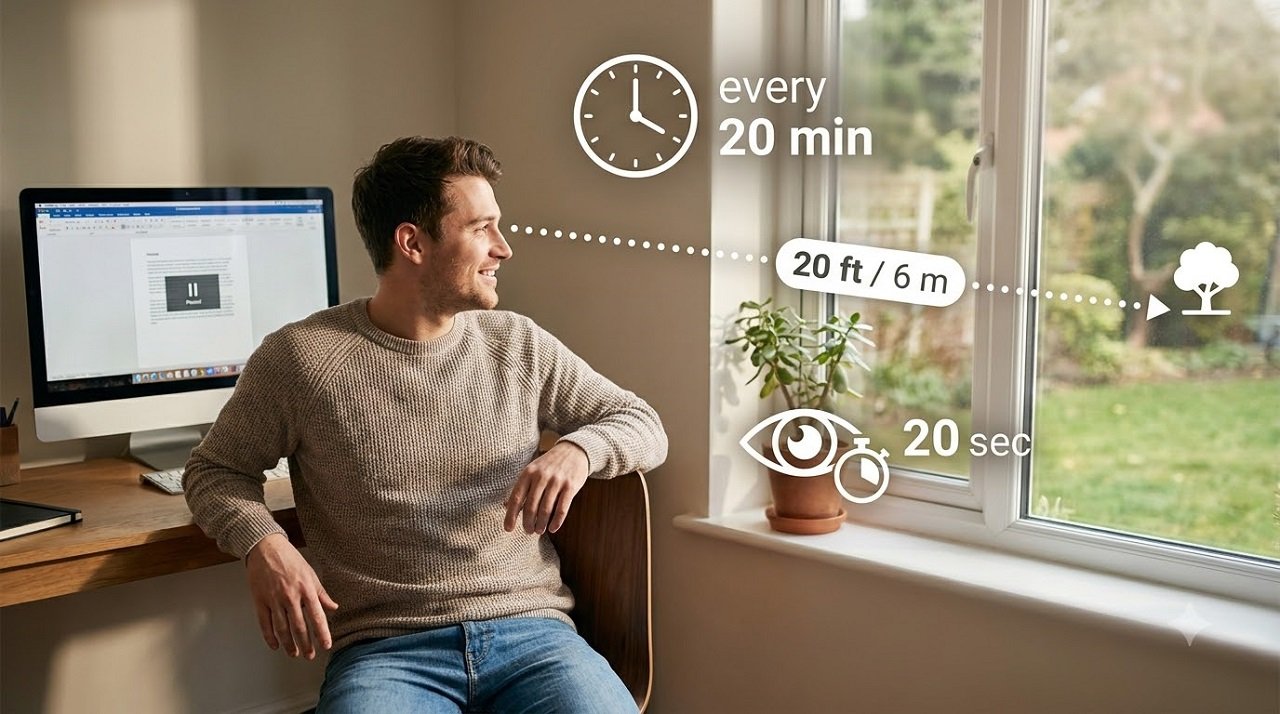 Infographic illustrating the 20-20-20 rule: every 20 minutes, look 20 feet away for 20 seconds to reduce digital eye strain