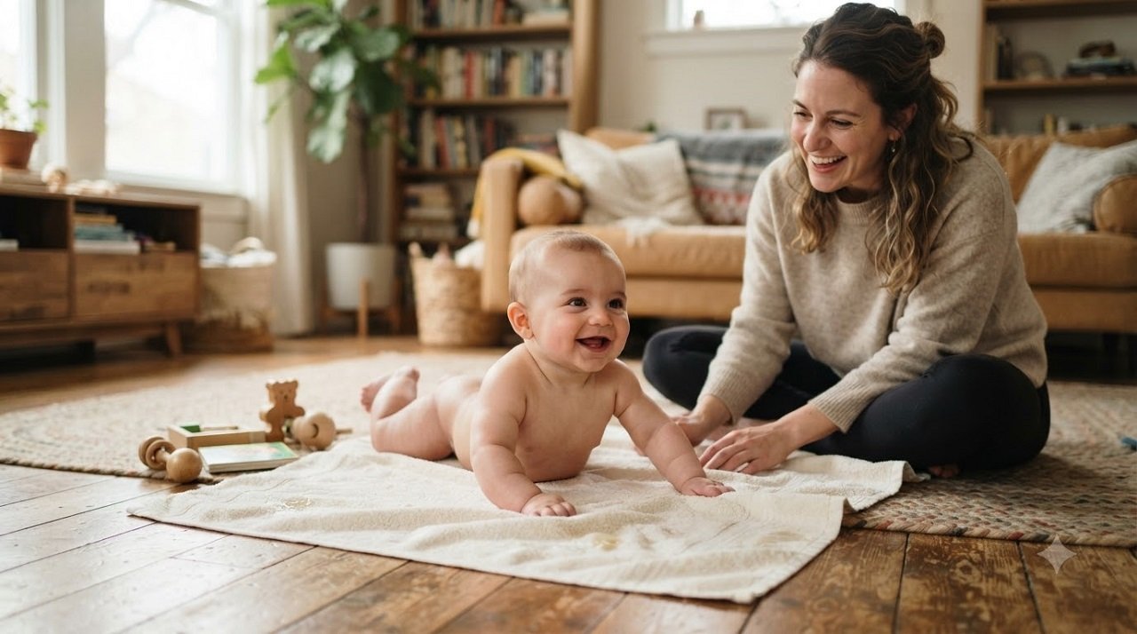 Baby enjoying diaper-free tummy time to help prevent diaper rash