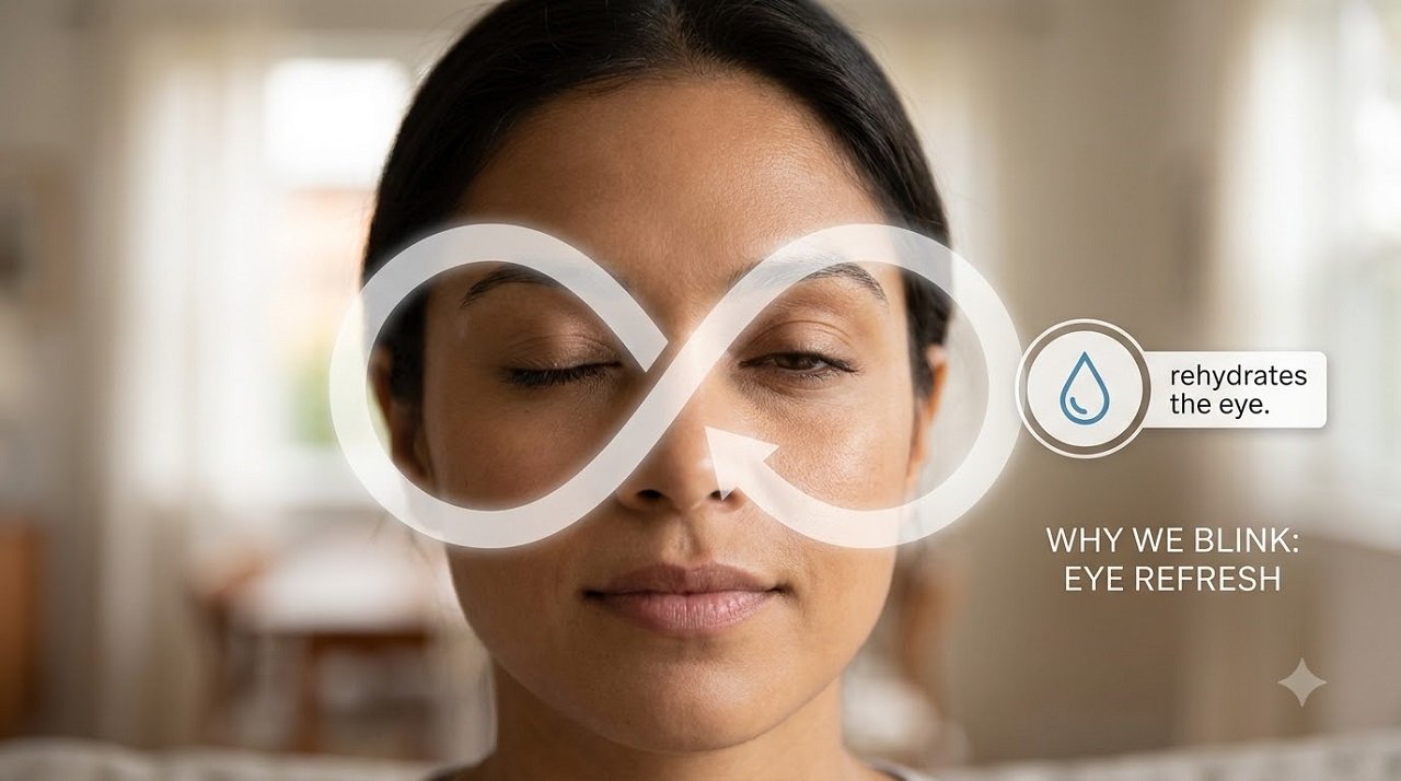 Infographic showing how frequent full blinking helps rehydrate and soothe strained eyes