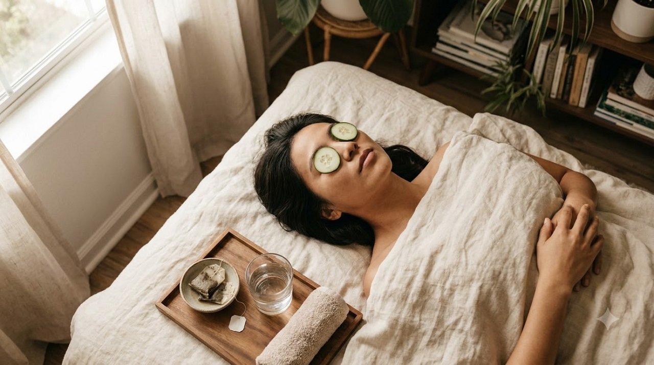 Woman using cucumber slices and tea bags as natural remedies for red, tired eyes