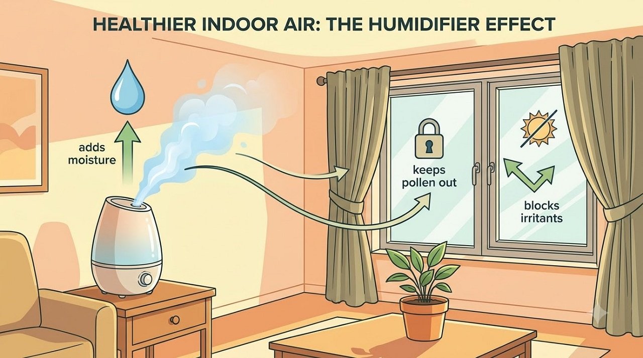 Infographic showing how a humidifier and closed windows help prevent environmental causes of red eyes