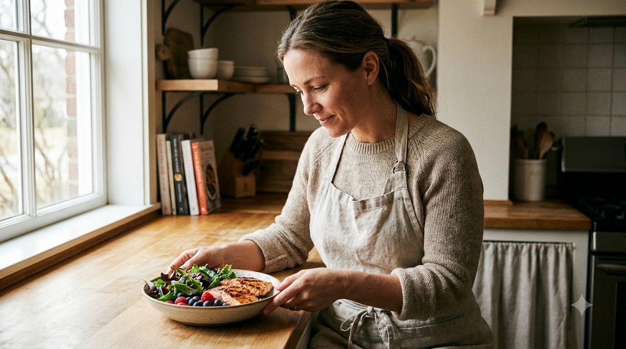 Woman preparing an omega-3 and antioxidant-rich meal to support eye health