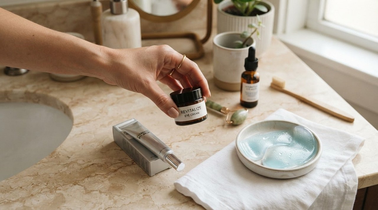 Flat-lay of eye creams, a jade roller, and a cooling eye mask used to reduce puffiness