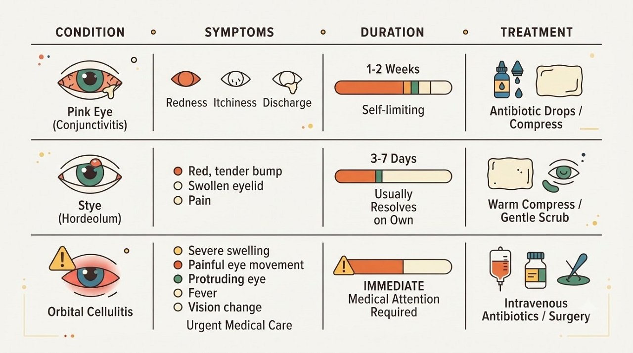 Infographic comparing pink eye, stye, and orbital cellulitis by duration and typical treatment