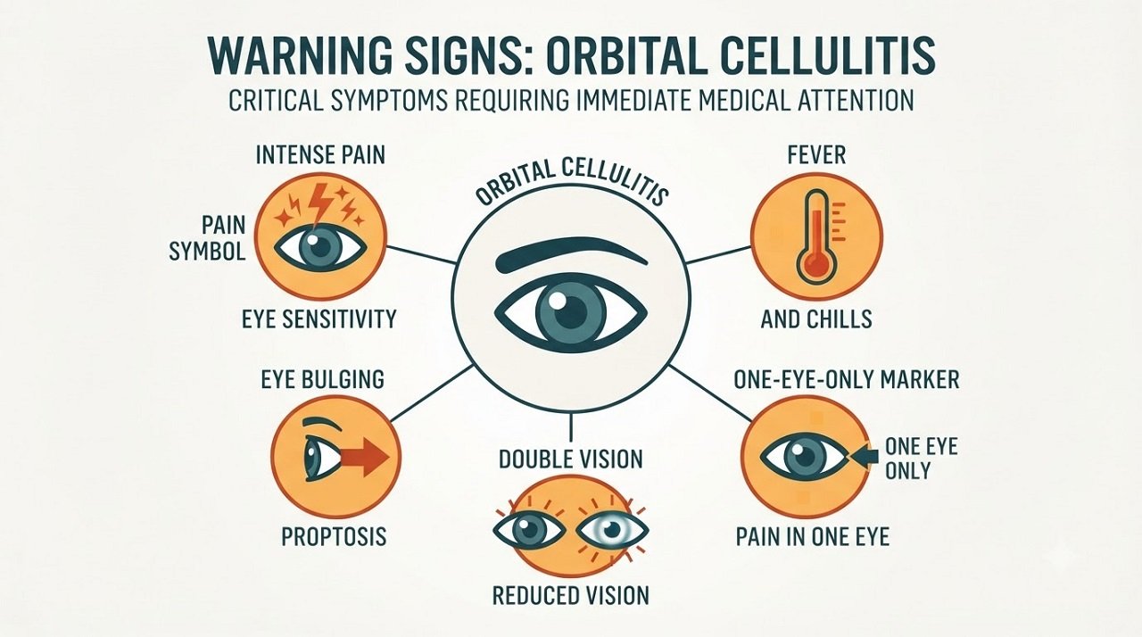 Infographic showing the warning signs that eye swelling may be a medical emergency