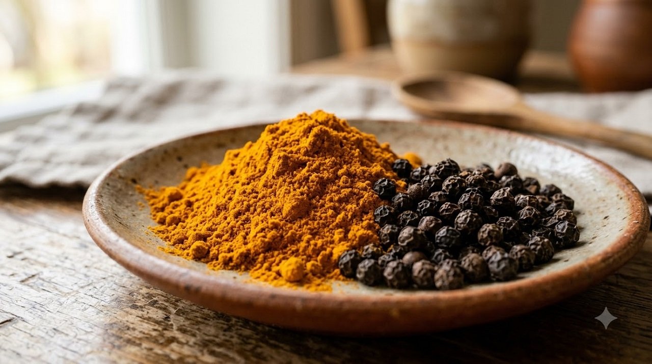 Turmeric powder paired with black peppercorns to improve curcumin absorption