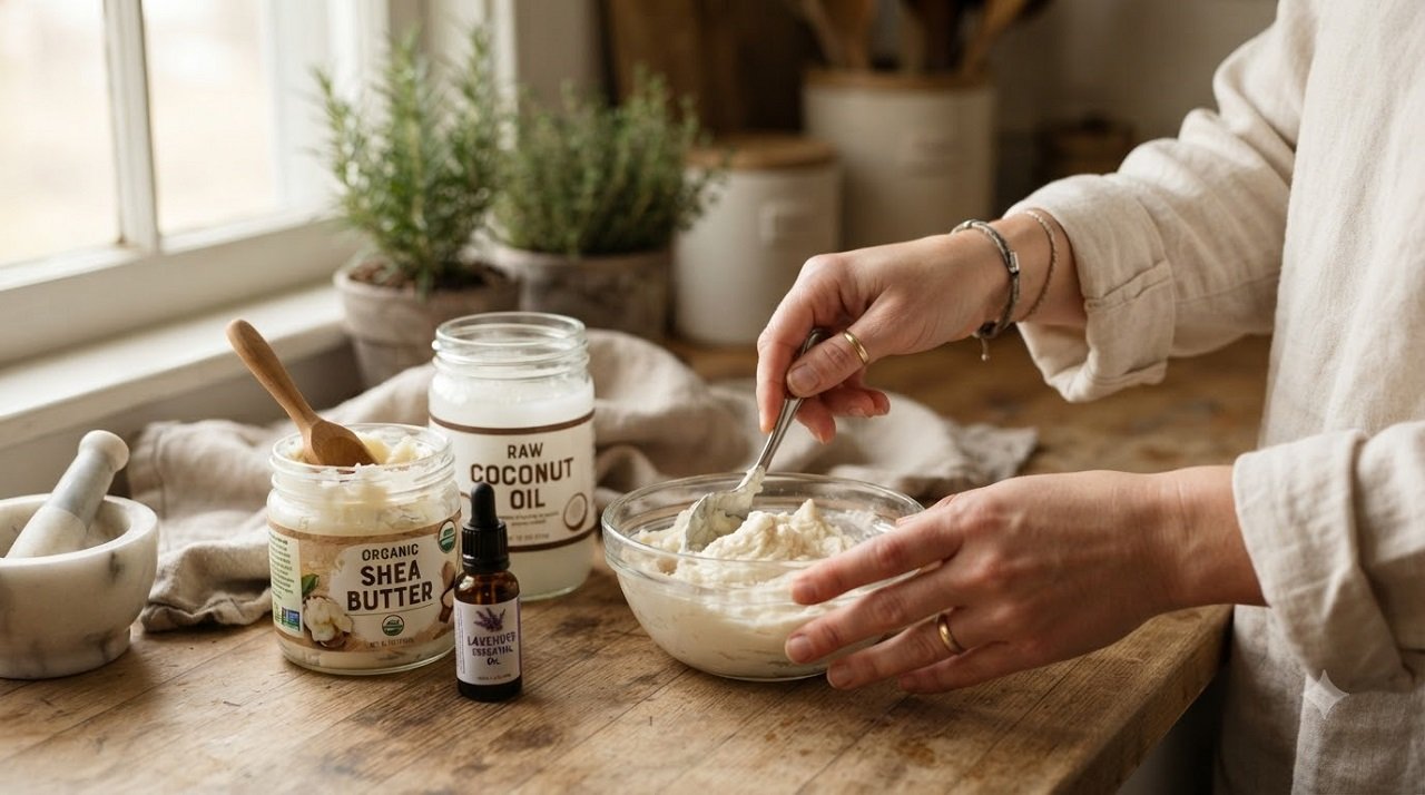 Homemade diaper rash cream being mixed with coconut oil and shea butter