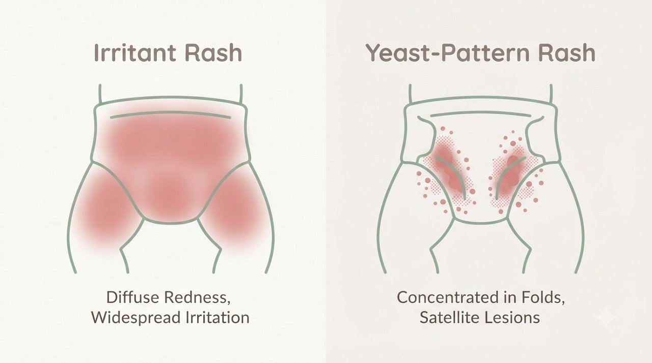 Diagram comparing irritant diaper rash and yeast-pattern diaper rash