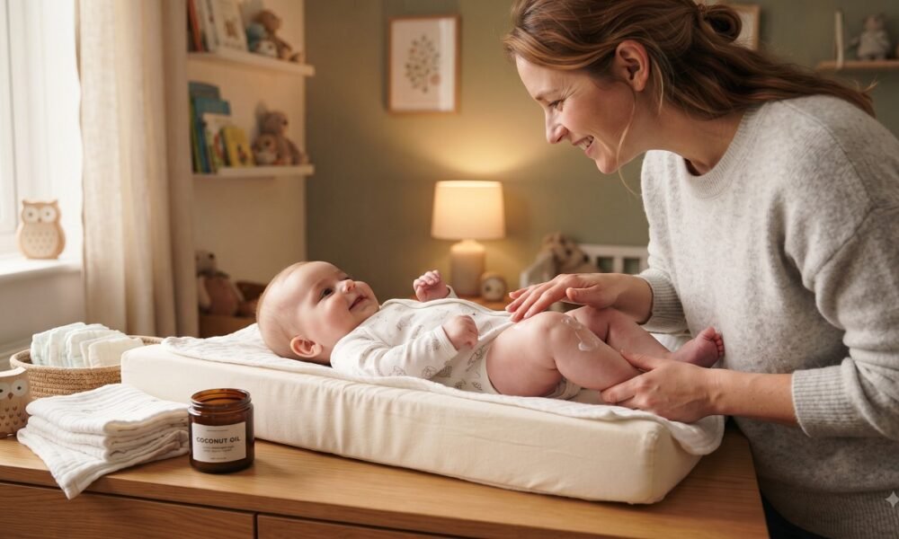 Parent applying natural diaper rash cream to a calm baby at home