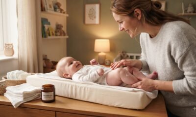 Parent applying natural diaper rash cream to a calm baby at home