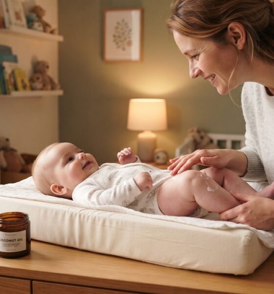 Parent applying natural diaper rash cream to a calm baby at home
