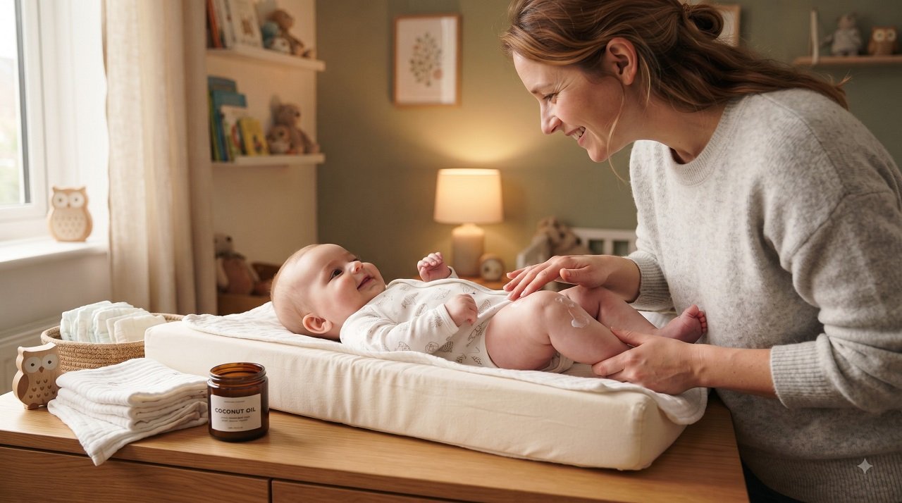 Parent applying natural diaper rash cream to a calm baby at home
