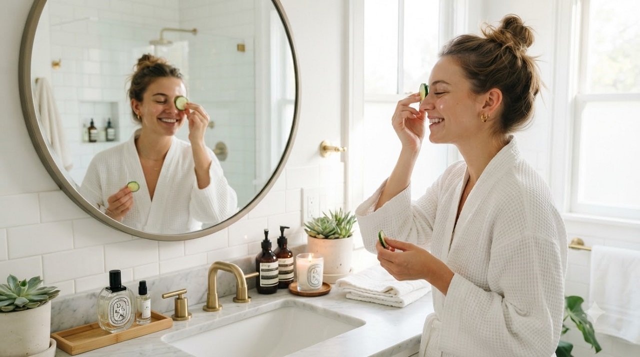 Woman using chilled cucumber slices to reduce under-eye puffiness in the morning