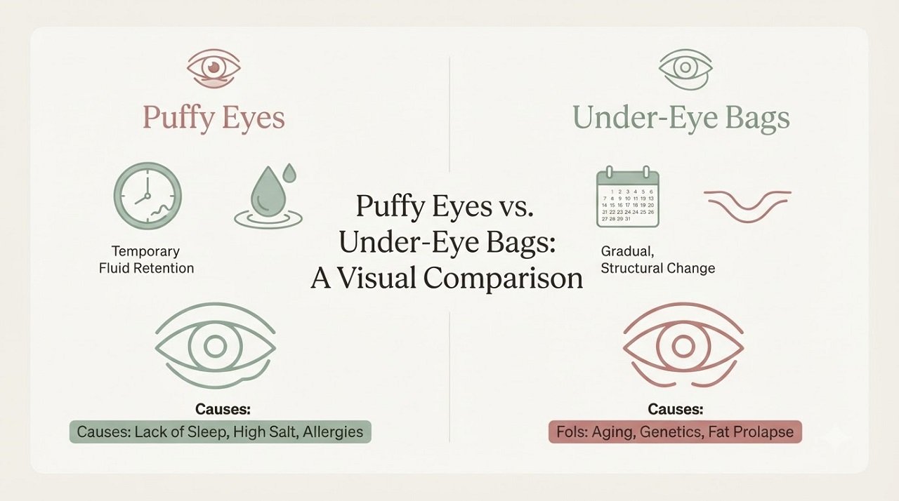Infographic comparing temporary puffy eyes from fluid retention to structural under-eye bags