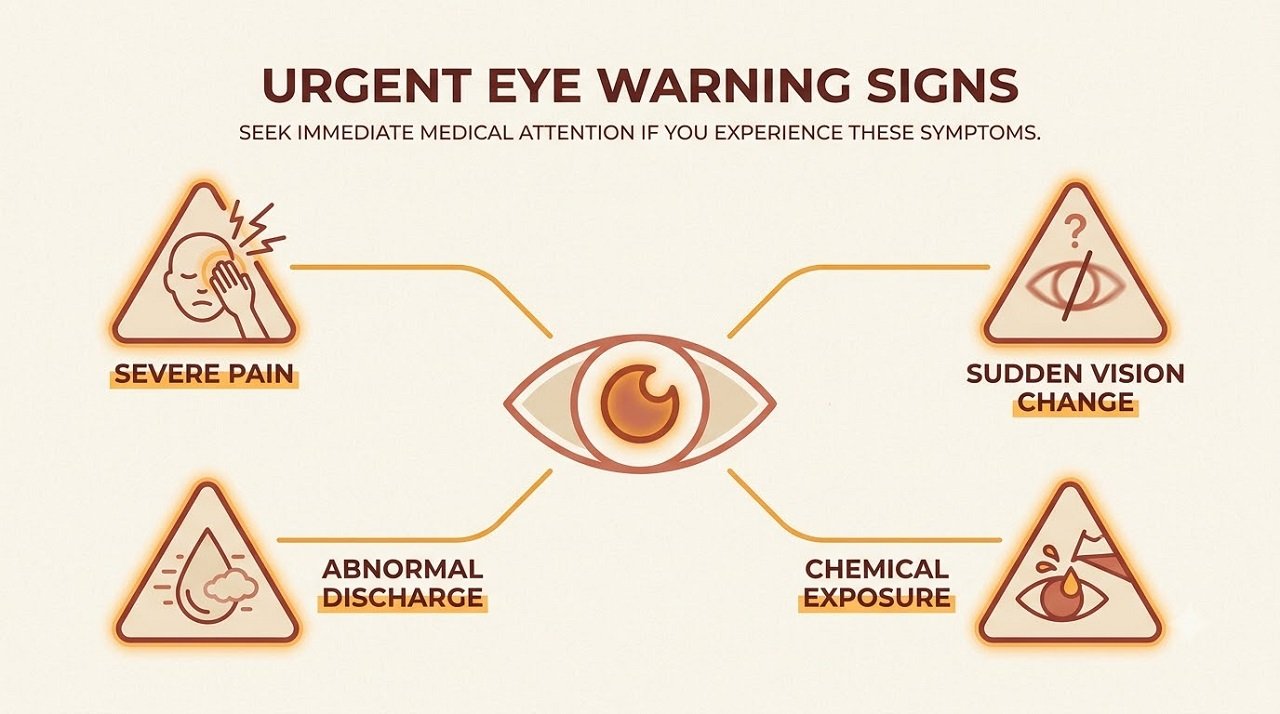 Infographic showing warning signs that red eyes need urgent medical attention
