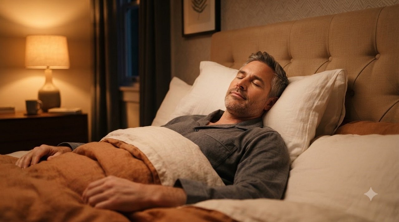 Man sleeping with his head elevated to help reduce fluid retention and morning eye puffiness