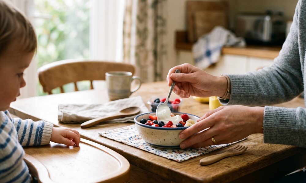 Parent preparing a fiber-rich fruit and yogurt snack for a toddler