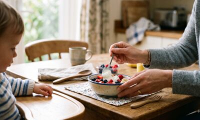 Parent preparing a fiber-rich fruit and yogurt snack for a toddler